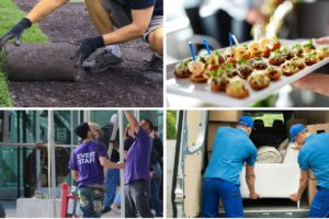 Summer staffing collage - landscaping, catering, event staff, moving