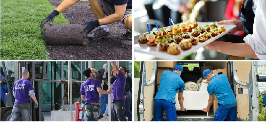 Summer staffing collage - landscaping, catering, event staff, moving