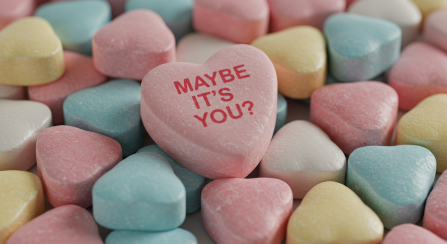 Candy heart reading "Maybe it's you?" representing hiring heartbreaks
