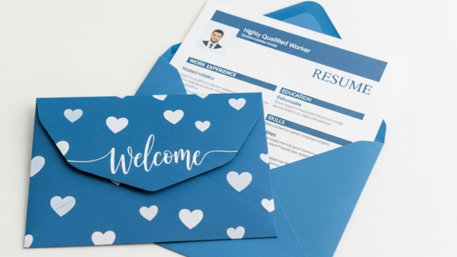 Blue welcome envelope containing professional resume