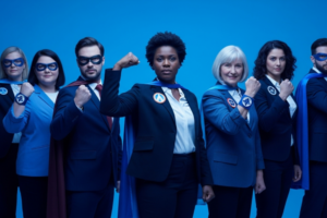 Employees dressed as superheroes representing building a winning team