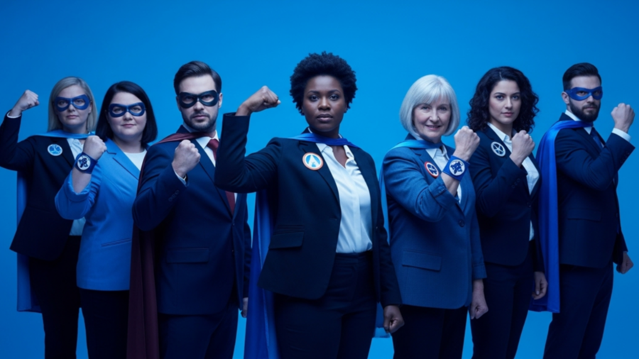 Employees dressed as superheroes representing building a winning team