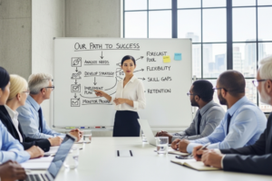 Businesspeople around conference table representing workforce planning for long-term success