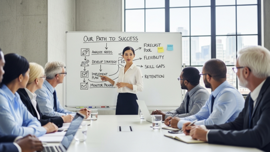 Businesspeople around conference table representing workforce planning for long-term success