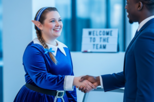 Woman with elf ears shaking man's hand