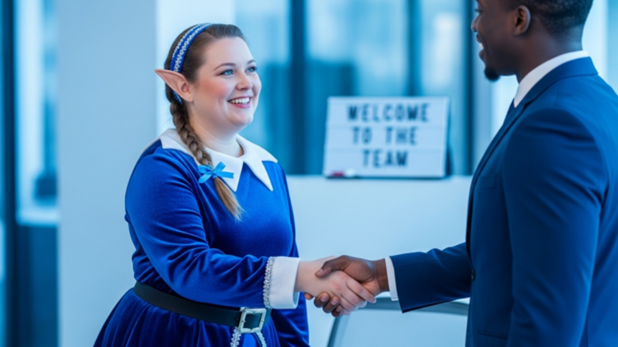 Woman with elf ears shaking man's hand