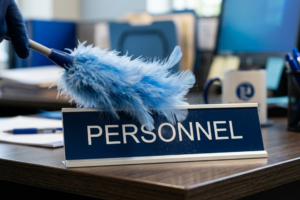 Dusting an office sign that reads "Personnel"