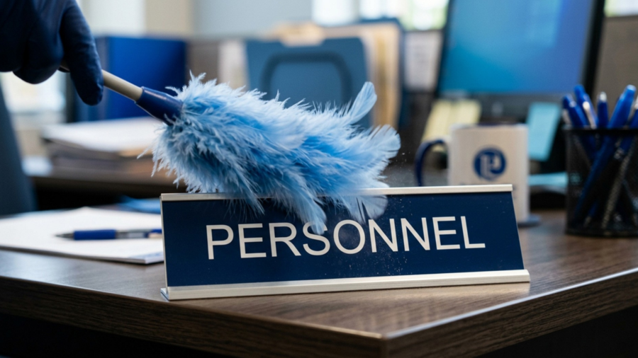 Dusting an office sign that reads "Personnel"