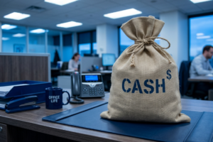 A hiring manager reviewing a stack of résumés at a desk with a calculator, representing the financial impact of a bad hire.