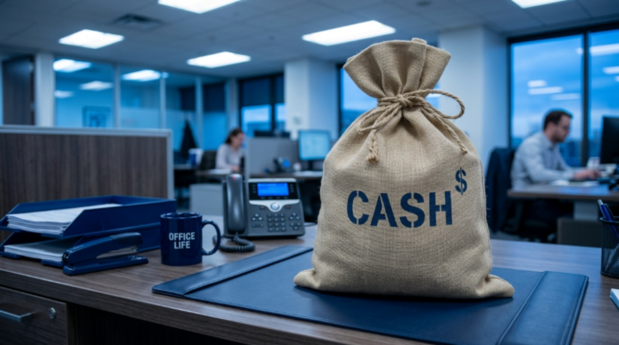 A hiring manager reviewing a stack of résumés at a desk with a calculator, representing the financial impact of a bad hire.