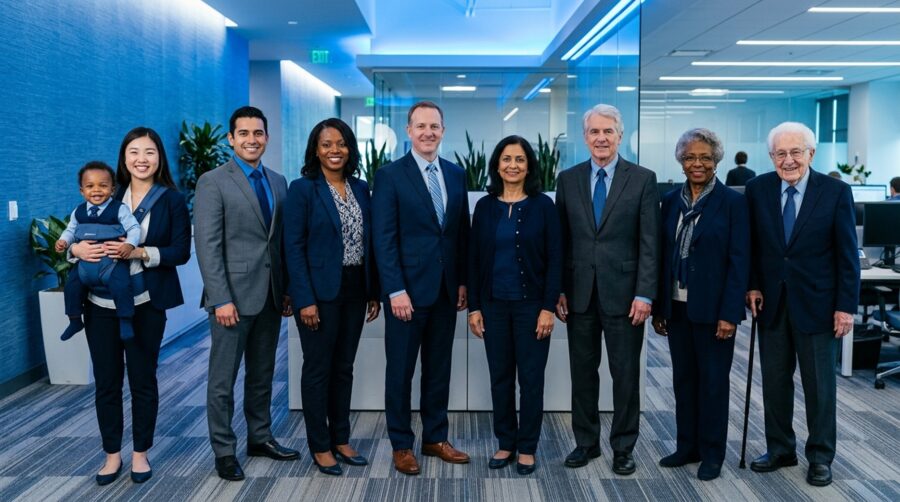 A diverse group of workers of different ages in a modern office, representing a multi-generational workforce