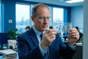 An HR professional reviewing a salary range document at a desk, representing pay transparency compliance in 2026