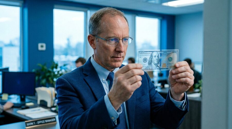 An HR professional reviewing a salary range document at a desk, representing pay transparency compliance in 2026