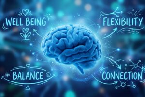 Drawing of a brain with words well being, balance, flexibility and connection, representing employee mental health