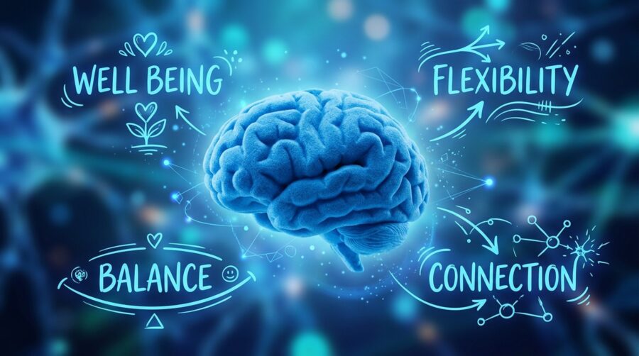 Drawing of a brain with words well being, balance, flexibility and connection, representing employee mental health