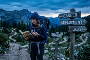 Hiker reading a map next to signs that read "career, employment and jobs"