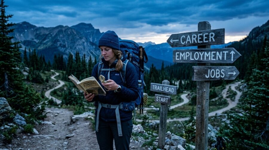 Hiker reading a map next to signs that read "career, employment and jobs"