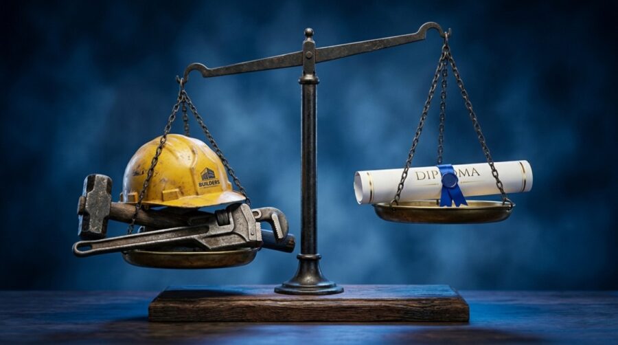 Scale with hard hit on one side and diploma on the other, representing skills over degrees