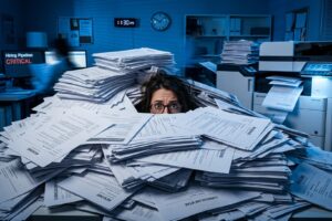 Woman drowning in large pile of resumes