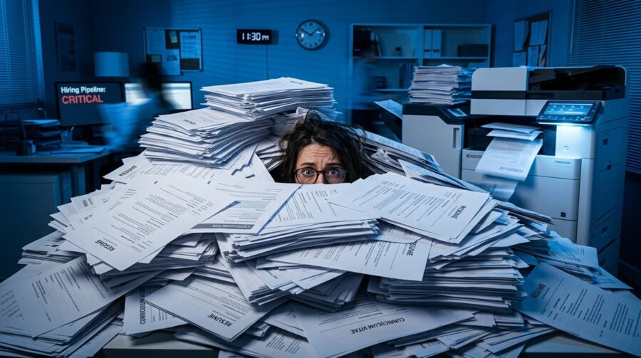 Woman drowning in large pile of resumes