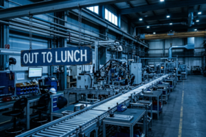 Empty factory with sign reading, "Out to Lunch"