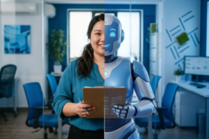 Half human woman, half robot, representing administrative hiring in 2026: from generalist to specialist