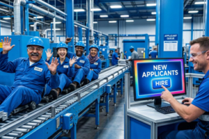 Warehouse workers smiling while sitting on conveyor belt and manager pushing a button that says, "New Applicants: Hire"