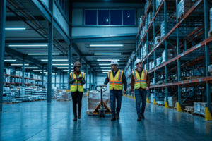 Large warehouse with window showing it's night and three staff members in safety vests walking down aisle